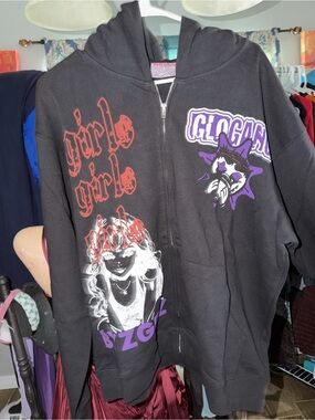 Glogang Graphic Zip-Up Hoodie Jacket - Black, Purple & Red